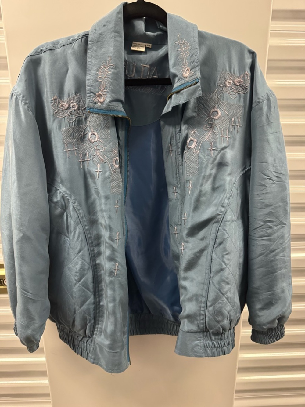 Fuda international Light Blue silk Embroidered Bomber Jacket